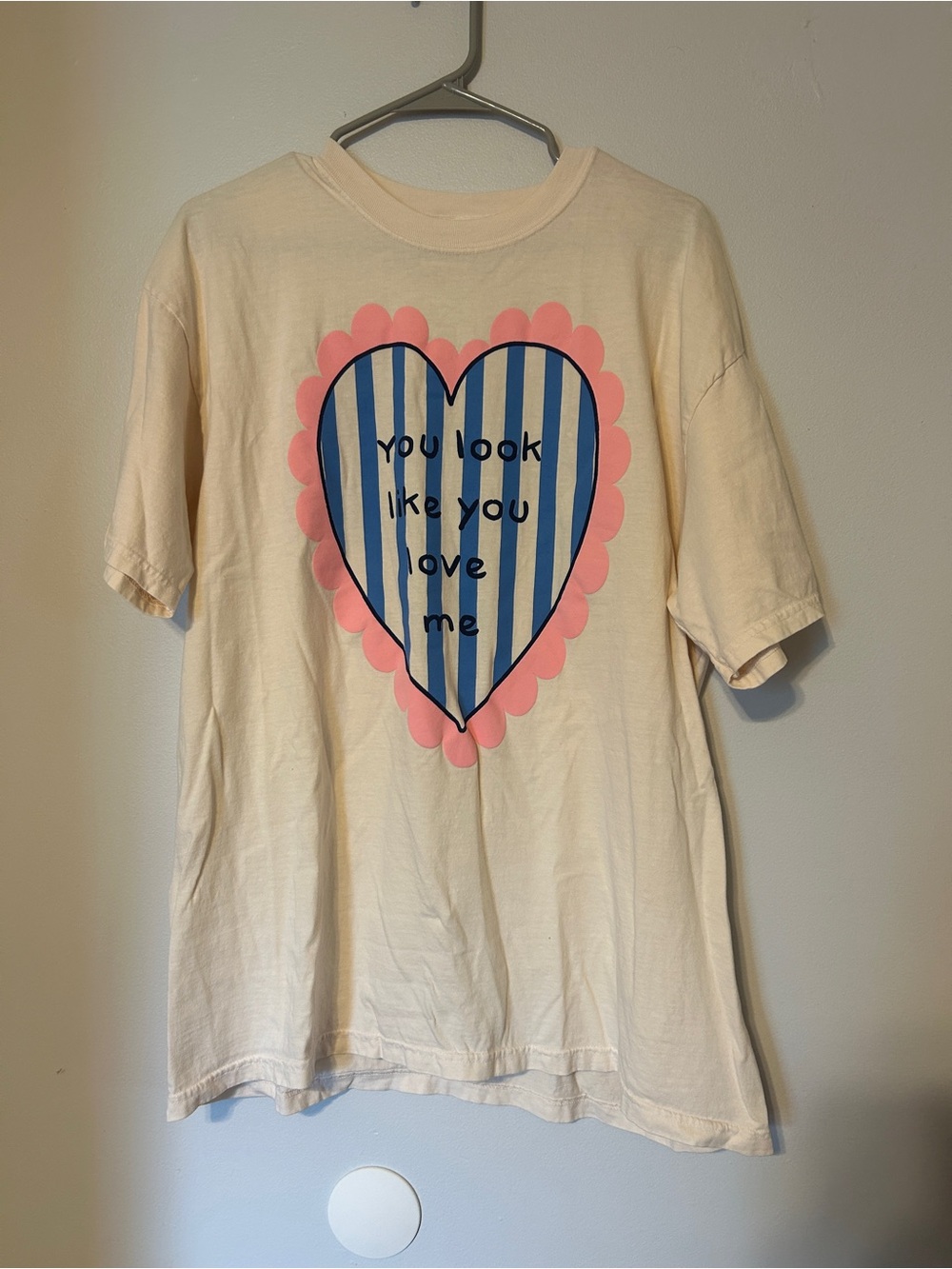Cream Women’s Graphic T-Shirt with Pink Heart and Blue Stripe Design